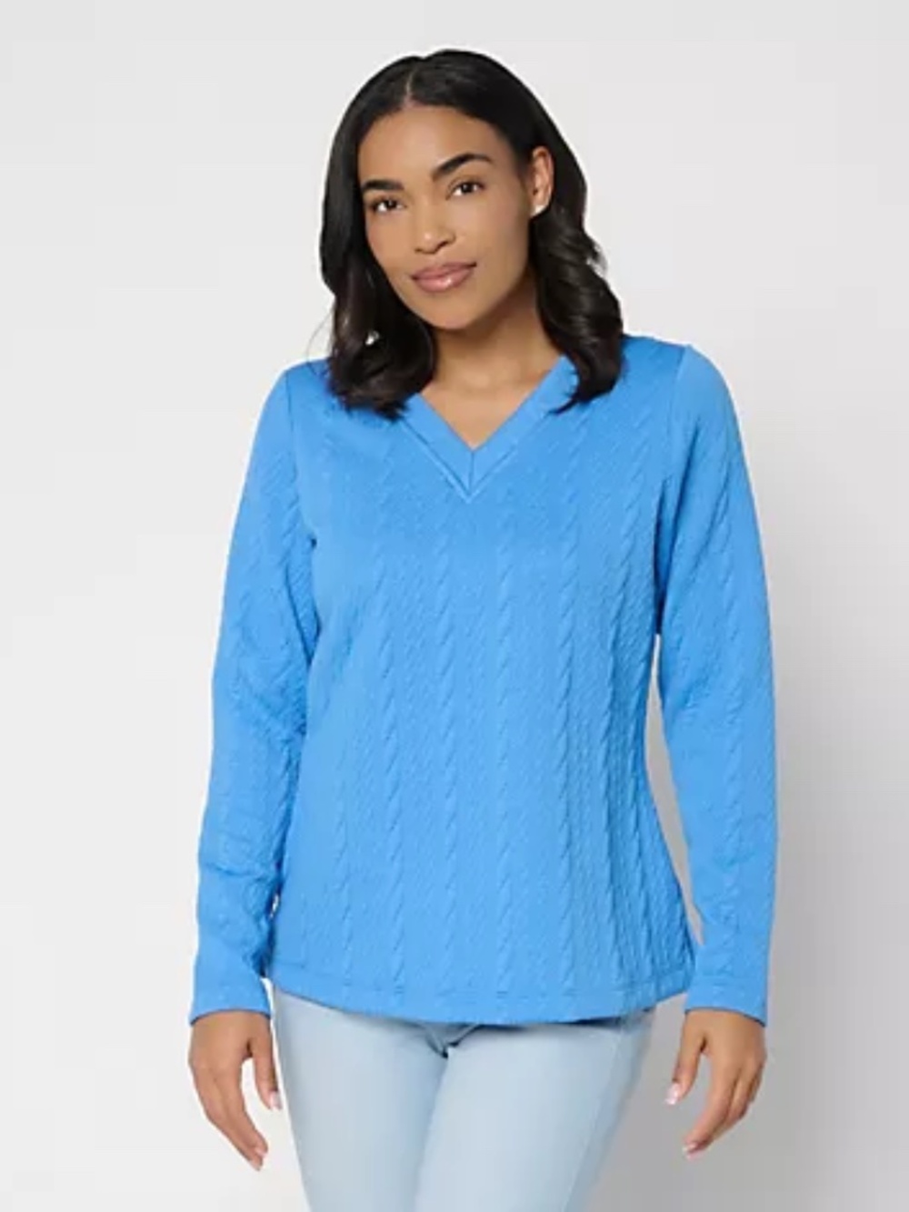 Belle by Kim Gravel Cable Chic V Neck Textured Top, Marina Sz L a719636